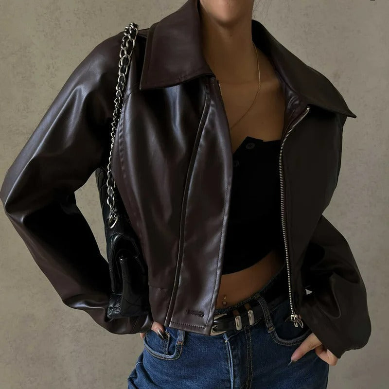 Brown PU Leather Ladies Summer Jacket with Notched Collar – Rivka-S-State of Style