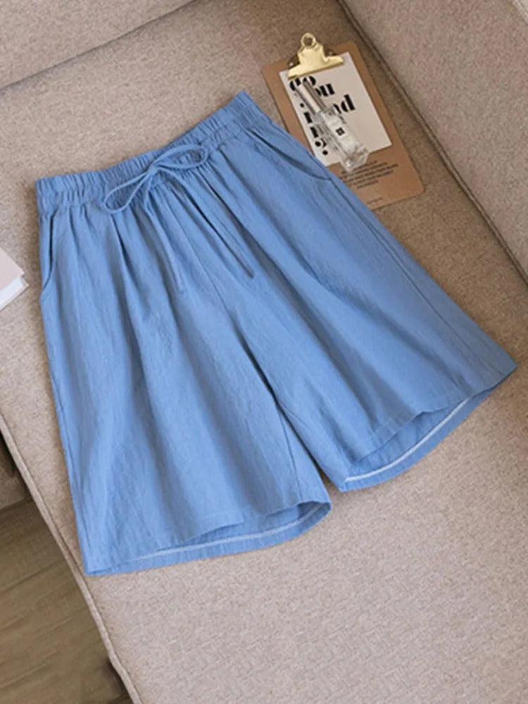 Comfortable & Airy Women's Cotton Shorts with Stretch Waistband – Melina-Blue-M-Nora Luxe