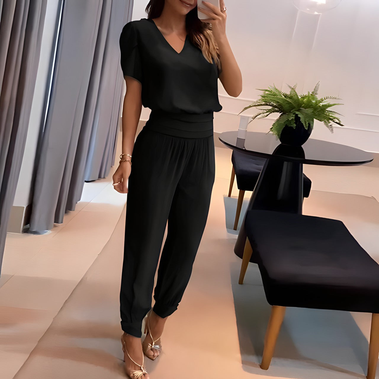 Fashionable blouse set with trousers – Comfort & Style combined – Fabienne-Black-S-Nora Luxe
