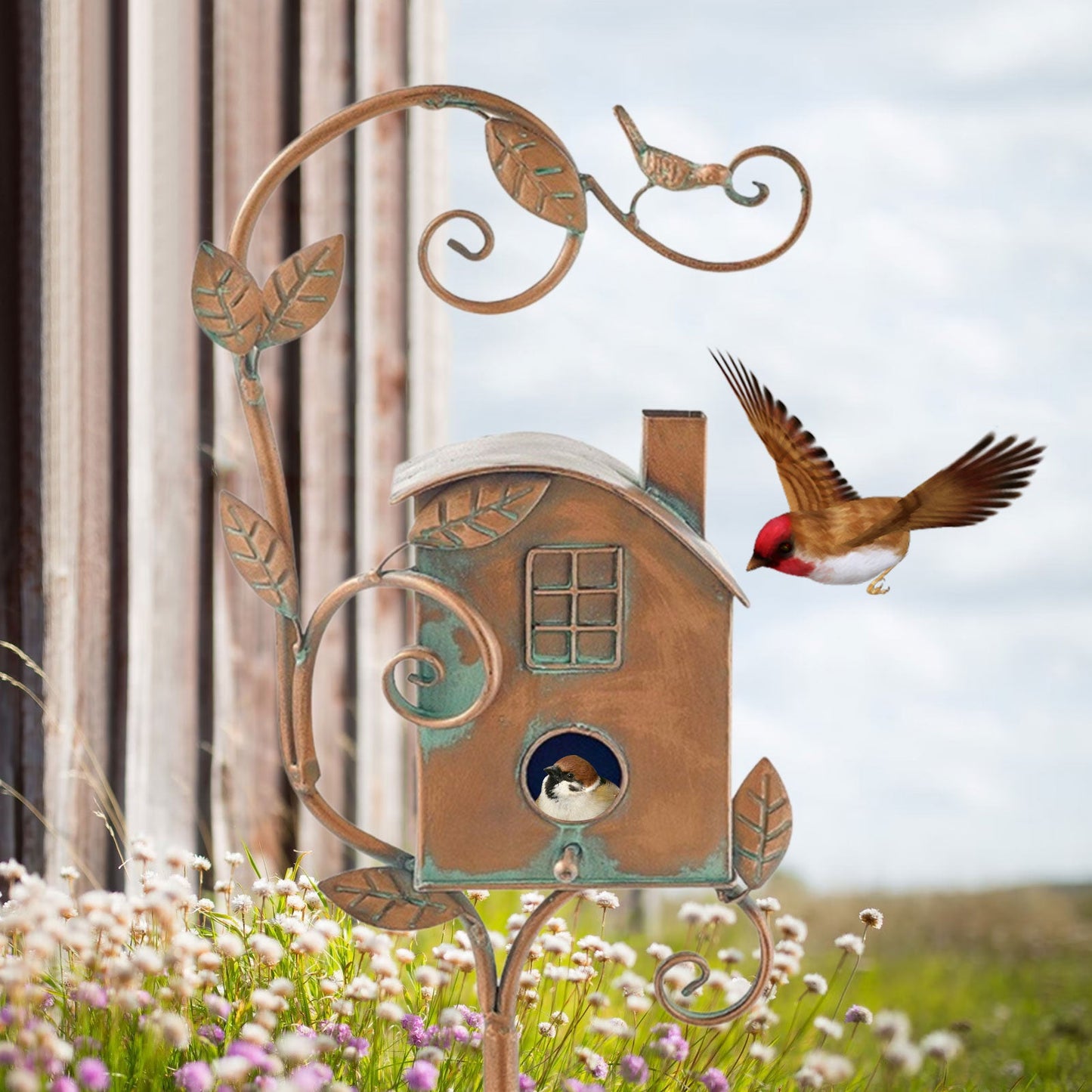 Metal Art Birdhouse on Garden Stake - FeatherNest-House with fireplace and window-Nora Luxe