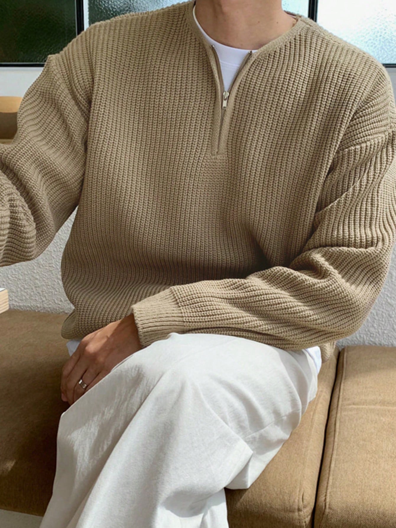 Oversized Zip-Up Jumper for Men - Havron-Beige-S-Nora Luxe