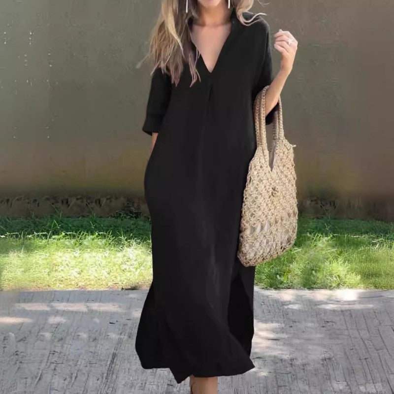 Summer dress with V-neck and thigh split – Soraya-Black-S-State of Style