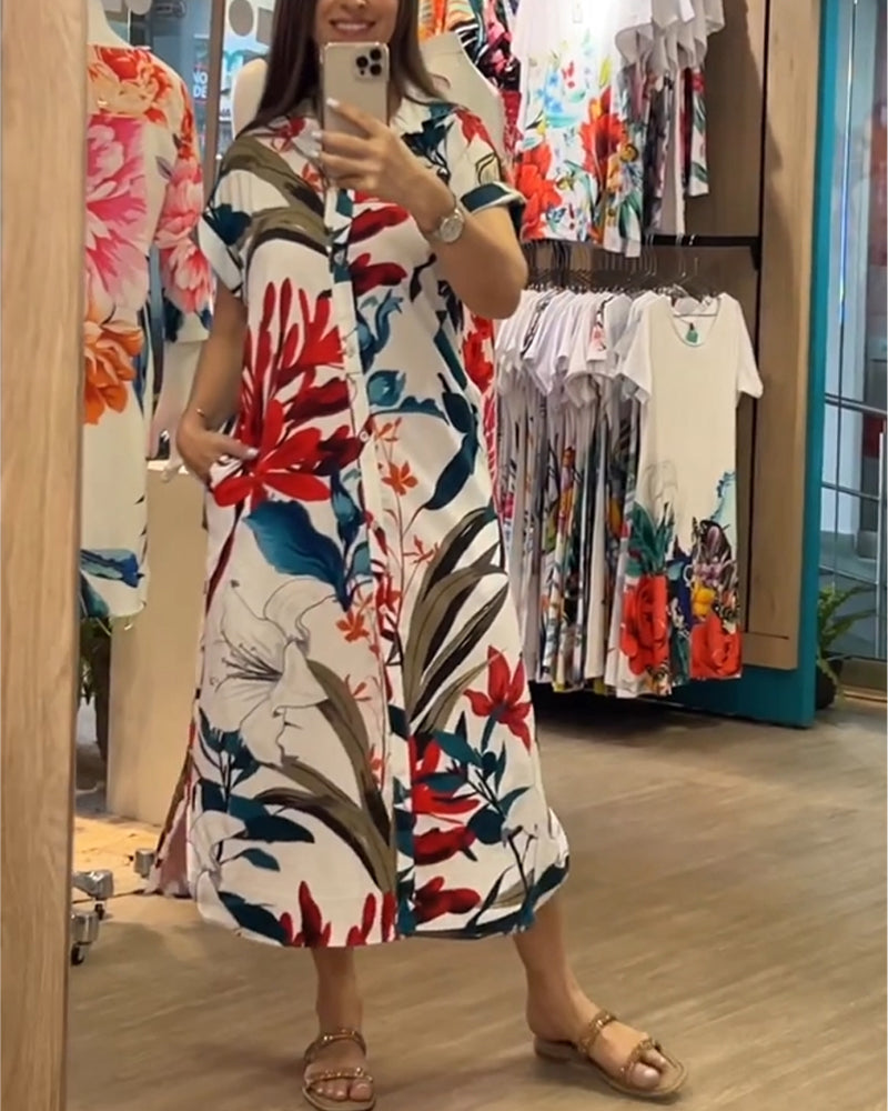Trendy women's summer dress with print & shirt collar - Flora-S-Nora Luxe