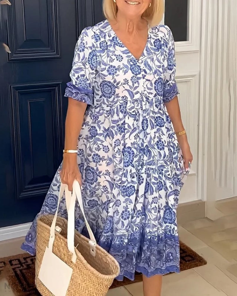 V-Neck Floral Dress – Soléna-Blue-S-The Livary