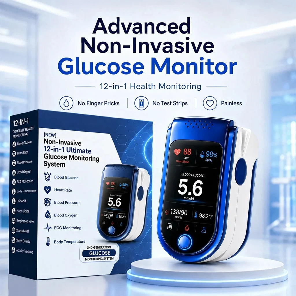 Monitor on a white pedestal in front of its retail box, set in a bright, blurred clinical room. 10