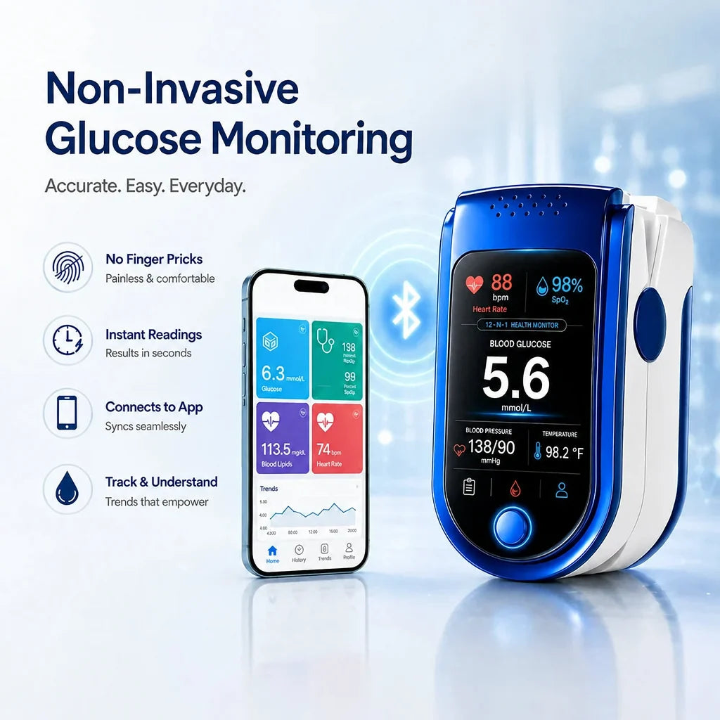 Monitor next to a smartphone showing a health app with glucose, heart rate, and trend charts, linked by a Bluetooth symbol. 9