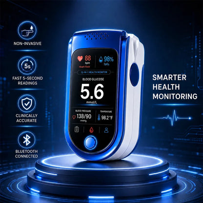 Blue and white monitor displayed on a glowing circular platform against a dark blue digital background. 6