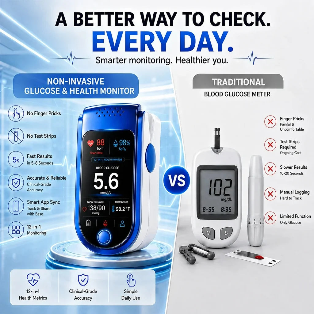 Side-by-side comparison of the blue fingertip monitor on a glowing pedestal and a traditional glucose meter with lancet and strips. 3