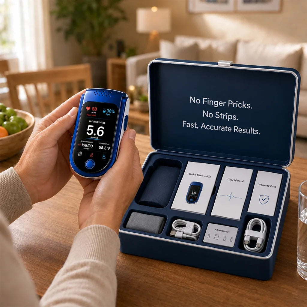 Hands holding the blue and white monitor beside an open navy case holding guides, a warranty card, cables, and cuffs. 2