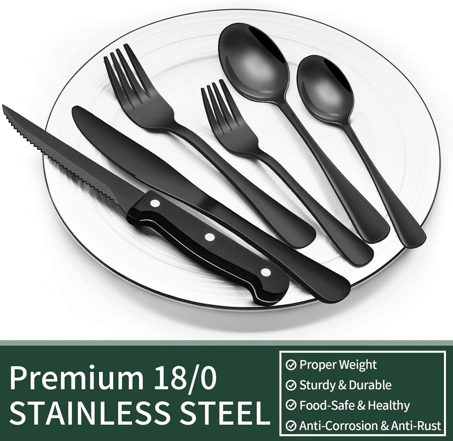 24-Piece Black Stainless Steel Cutlery Set-Round edge-Nora Luxe
