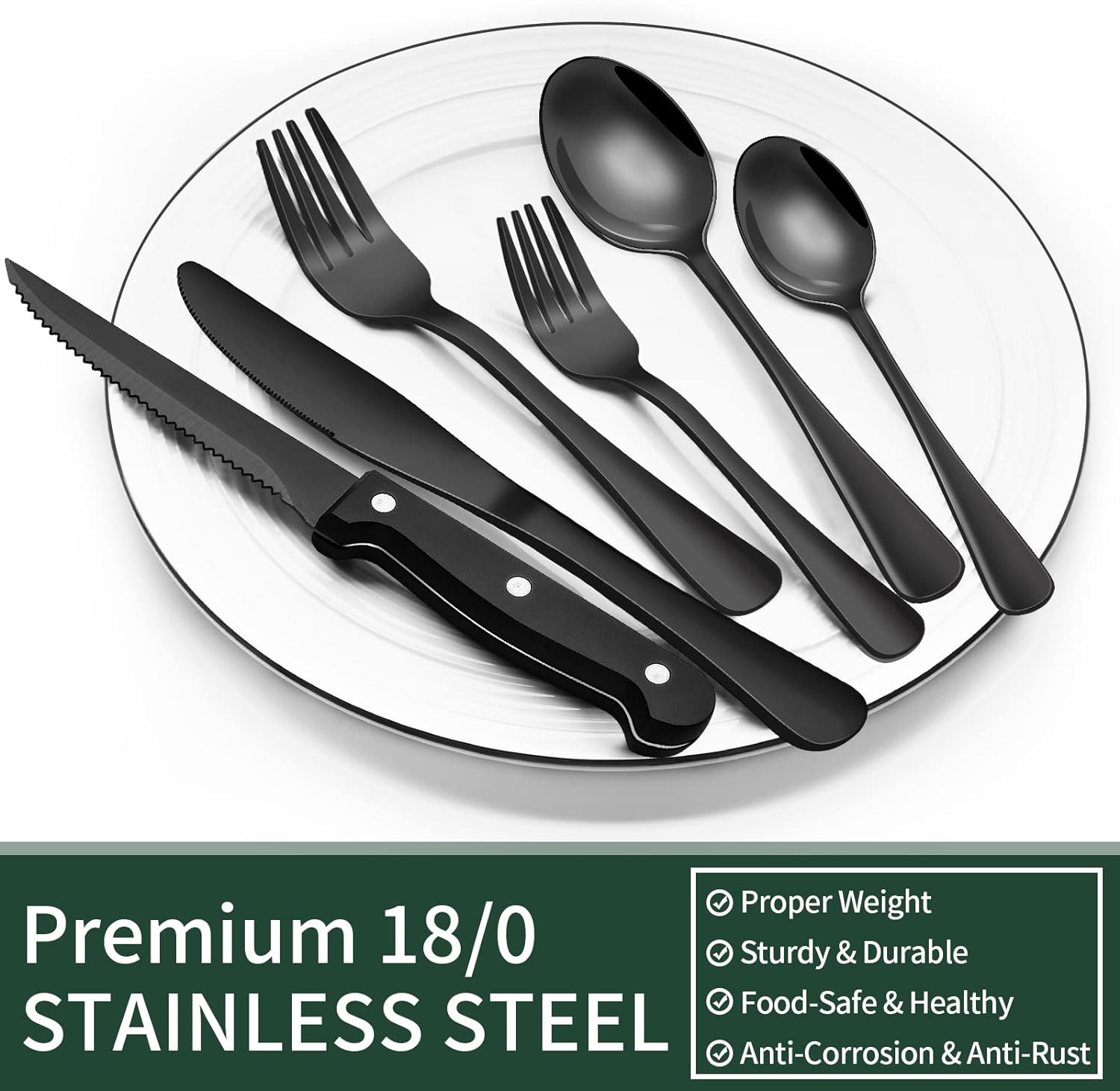 24-Piece Black Stainless Steel Cutlery Set-Round edge-Nora Luxe
