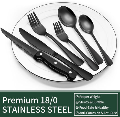 24-Piece Black Stainless Steel Cutlery Set-Round edge-Nora Luxe