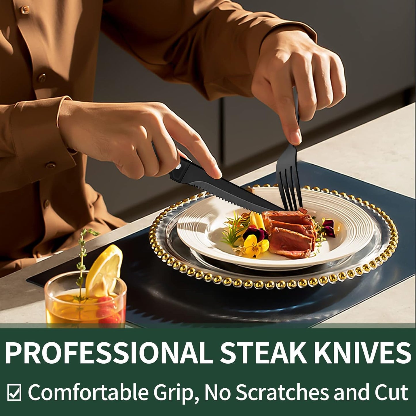 24-Piece Black Stainless Steel Cutlery Set-Round edge-Nora Luxe