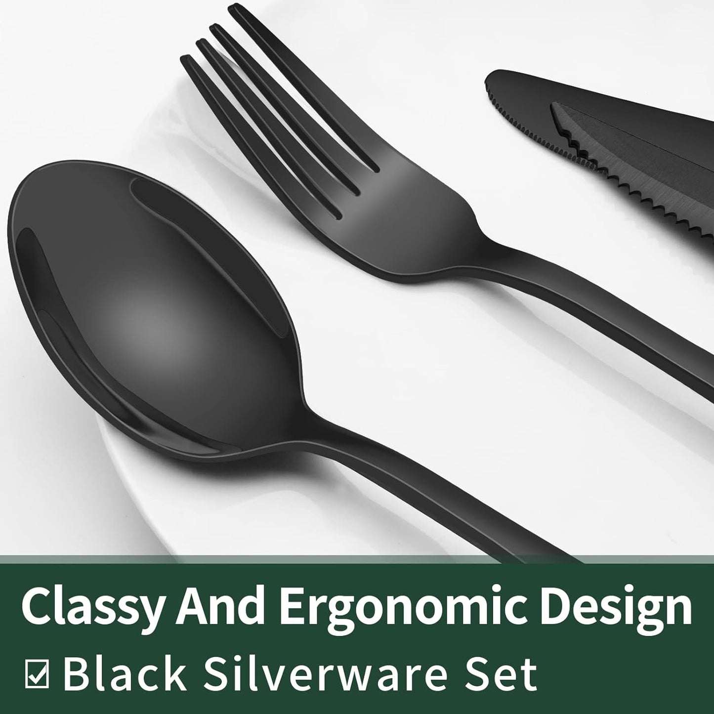 24-Piece Black Stainless Steel Cutlery Set-Round edge-Nora Luxe