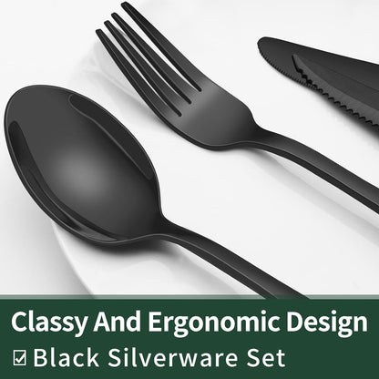 24-Piece Black Stainless Steel Cutlery Set-Round edge-Nora Luxe