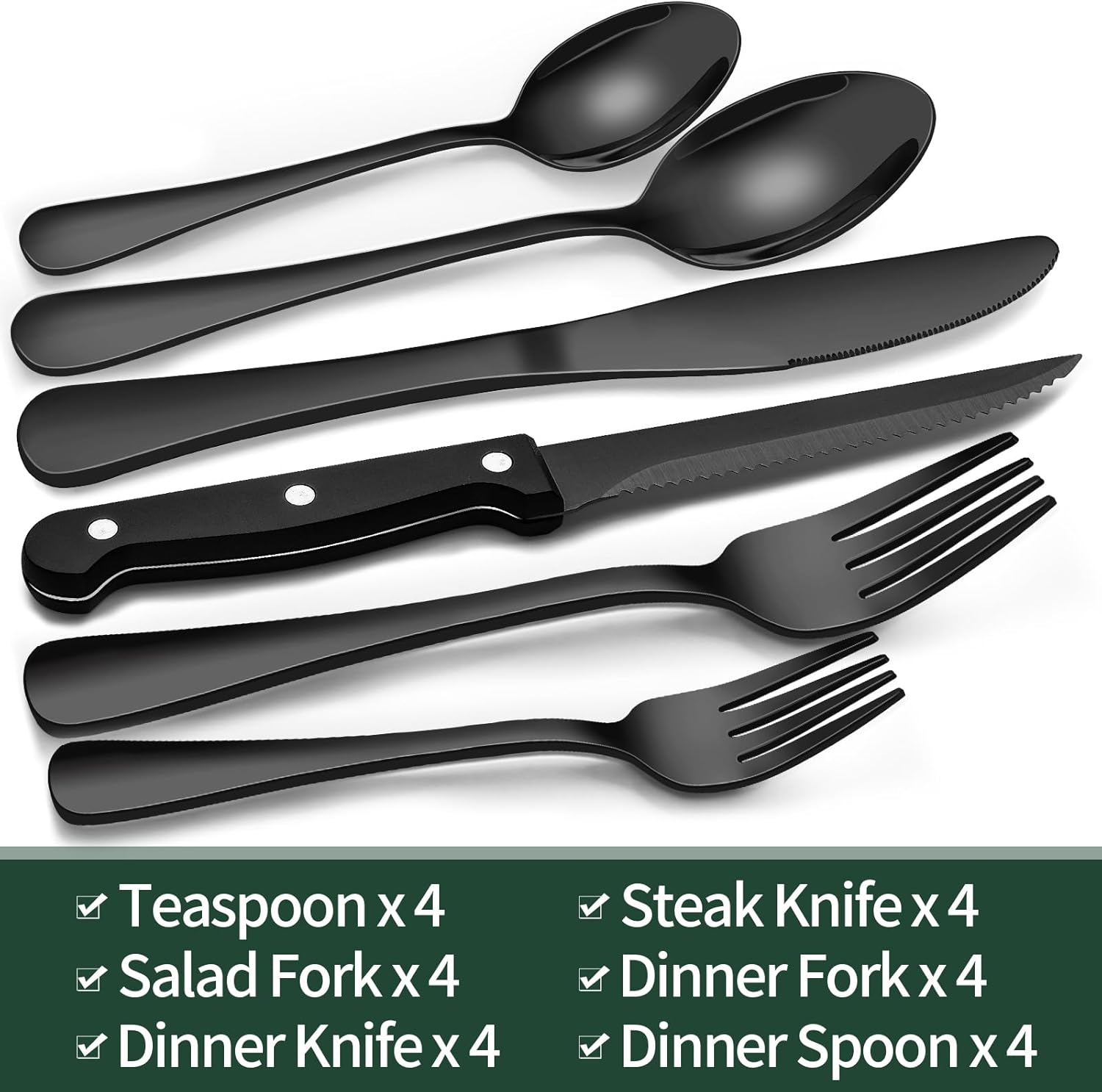 24-Piece Black Stainless Steel Cutlery Set-Round edge-Nora Luxe