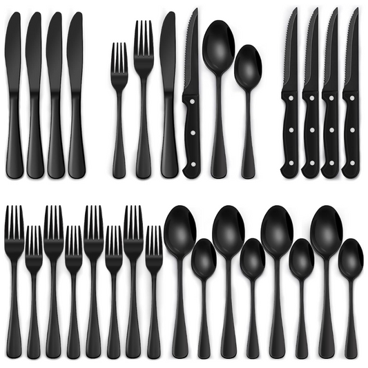24-Piece Black Stainless Steel Cutlery Set-Round edge-Nora Luxe