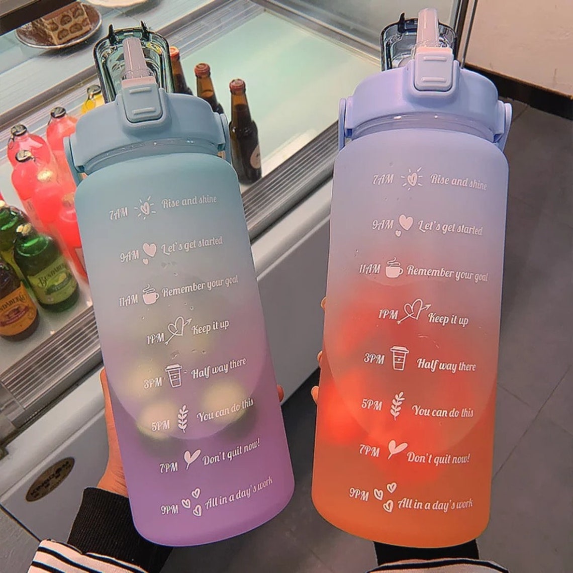 2L Motivational Water Bottle with Time Markers - HydroMotivator-Matt Green Purple-Nora Luxe