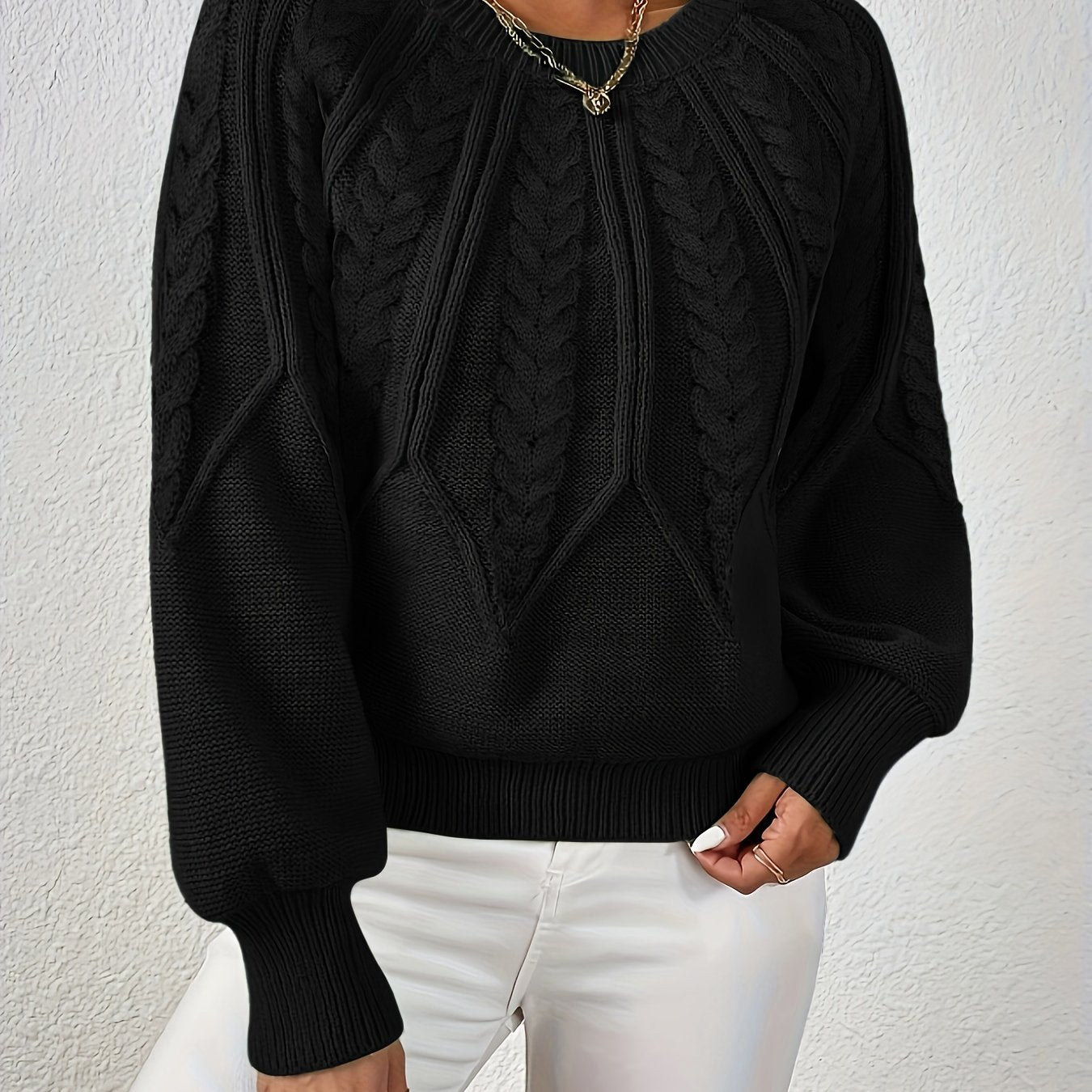 Ladies Cable Knit Sweater with Lantern Sleeves – Sanna