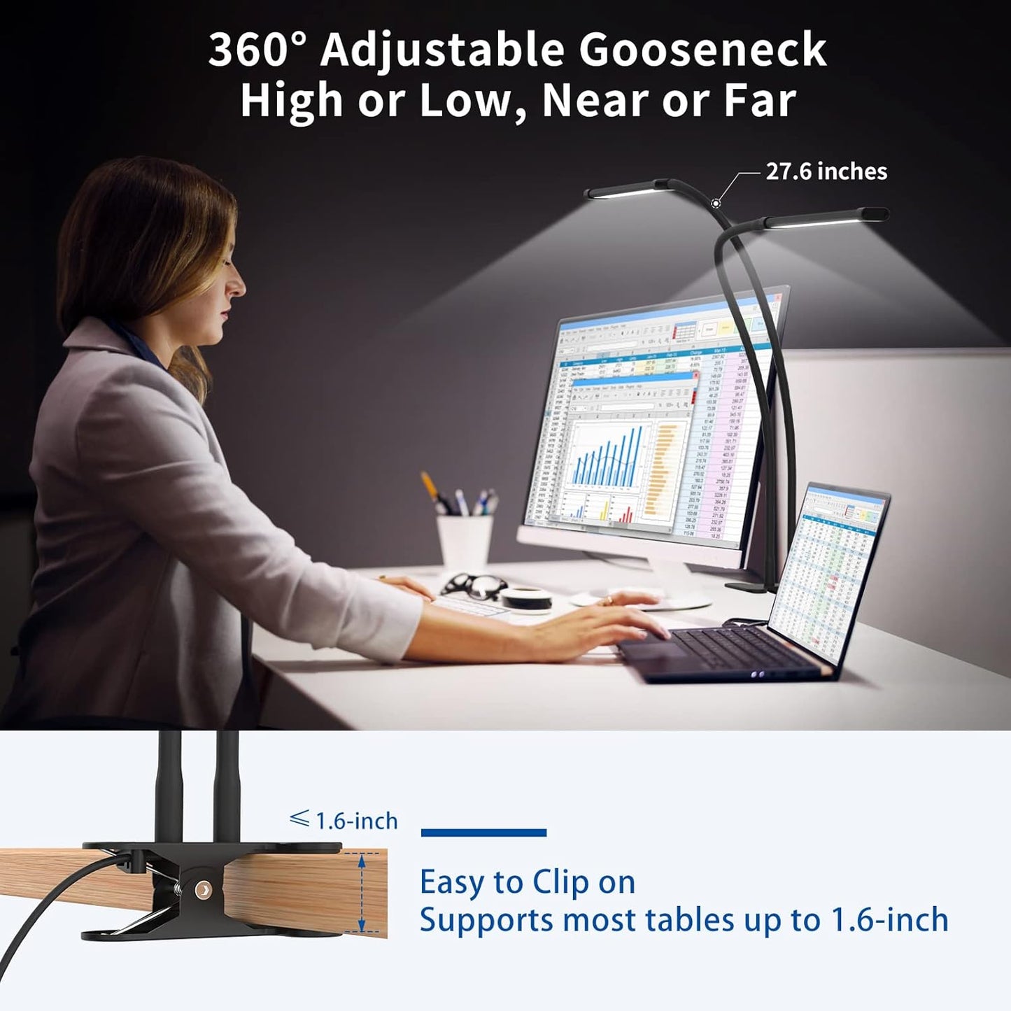 77 LED Desk Clamp Lamp with 27.6 in Flexible Gooseneck – Ravien