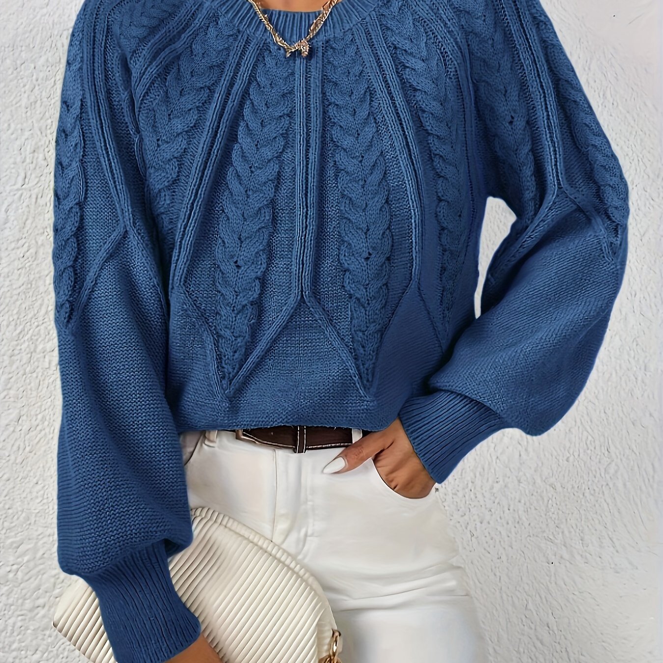 Ladies Cable Knit Sweater with Lantern Sleeves – Sanna