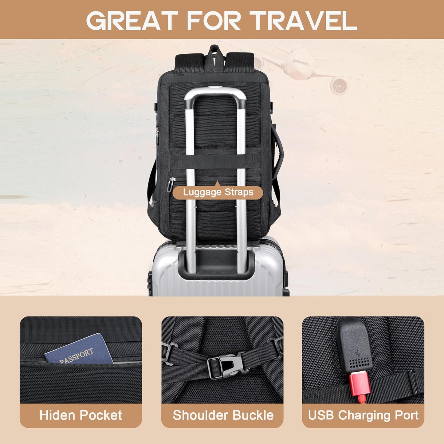 40L Expandable Waterproof Travel Backpack with USB Port & 17” (43.18 cm) Laptop Sleeve – AirVoyage