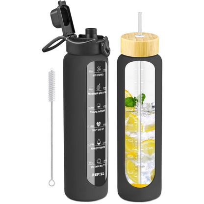 900 ml Motivational Glass Water Bottle with Straw – Leakproof, BPA-free, Reusable-Black-Nora Luxe