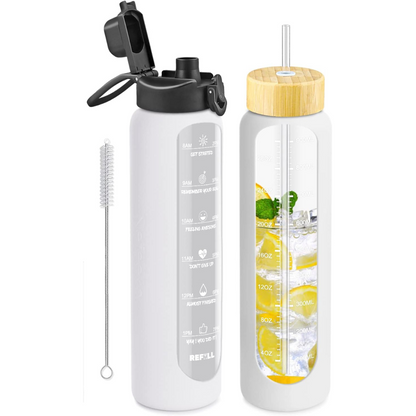 900 ml Motivational Glass Water Bottle with Straw – Leakproof, BPA-free, Reusable-White-Nora Luxe