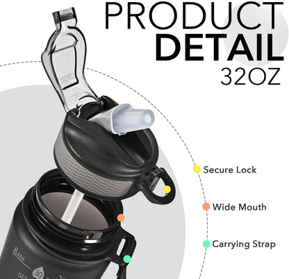 900ml Motivational Water Bottle with Straw-Black-Nora Luxe