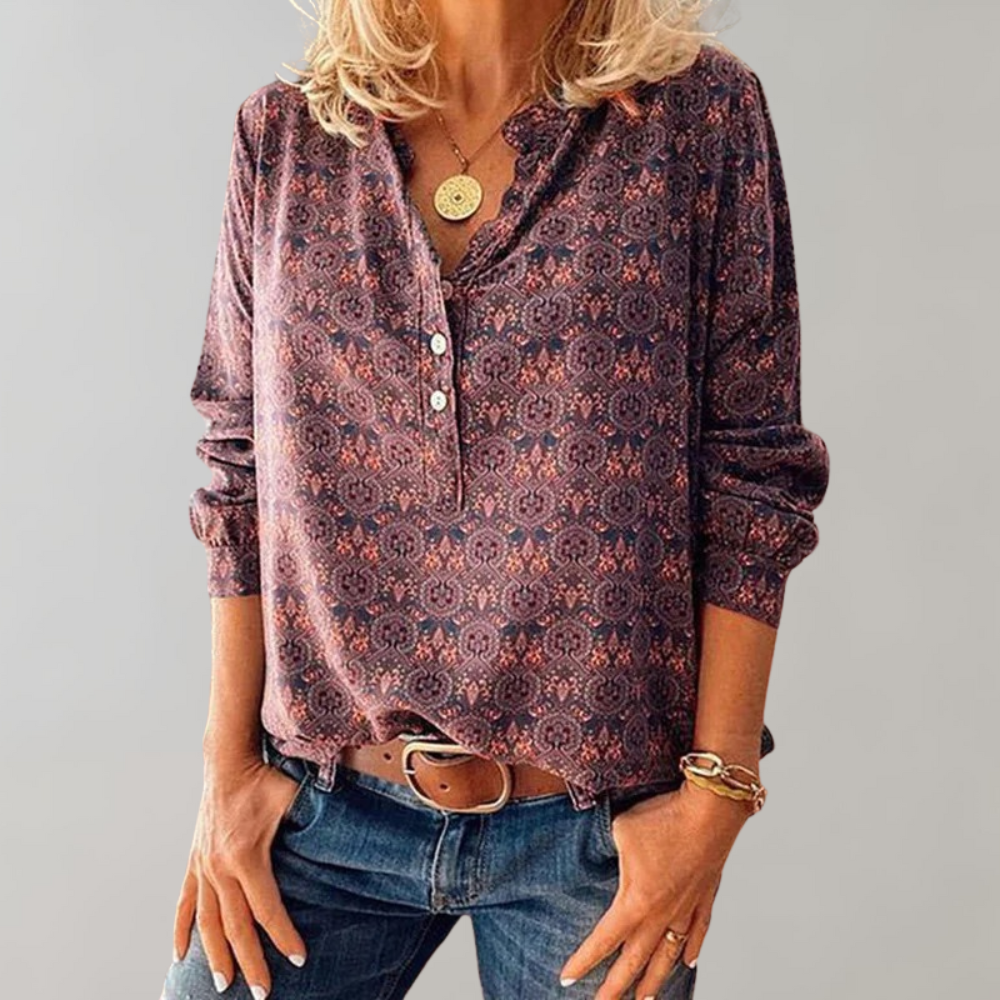 Vintage Ladies' Blouse with Button Closure and Print – Selina