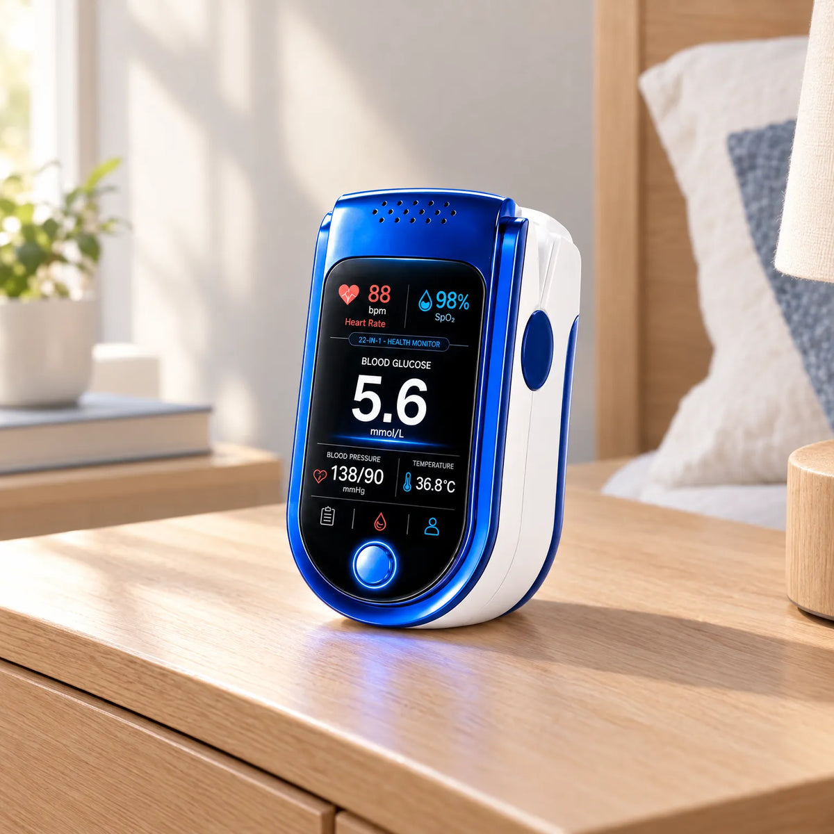 Blue and white fingertip health monitor standing on a wooden nightstand beside a pillow and lamp, its screen showing several readings. 1