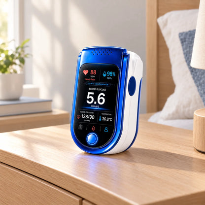 Blue and white fingertip health monitor standing on a wooden nightstand beside a pillow and lamp, its screen showing several readings. 1