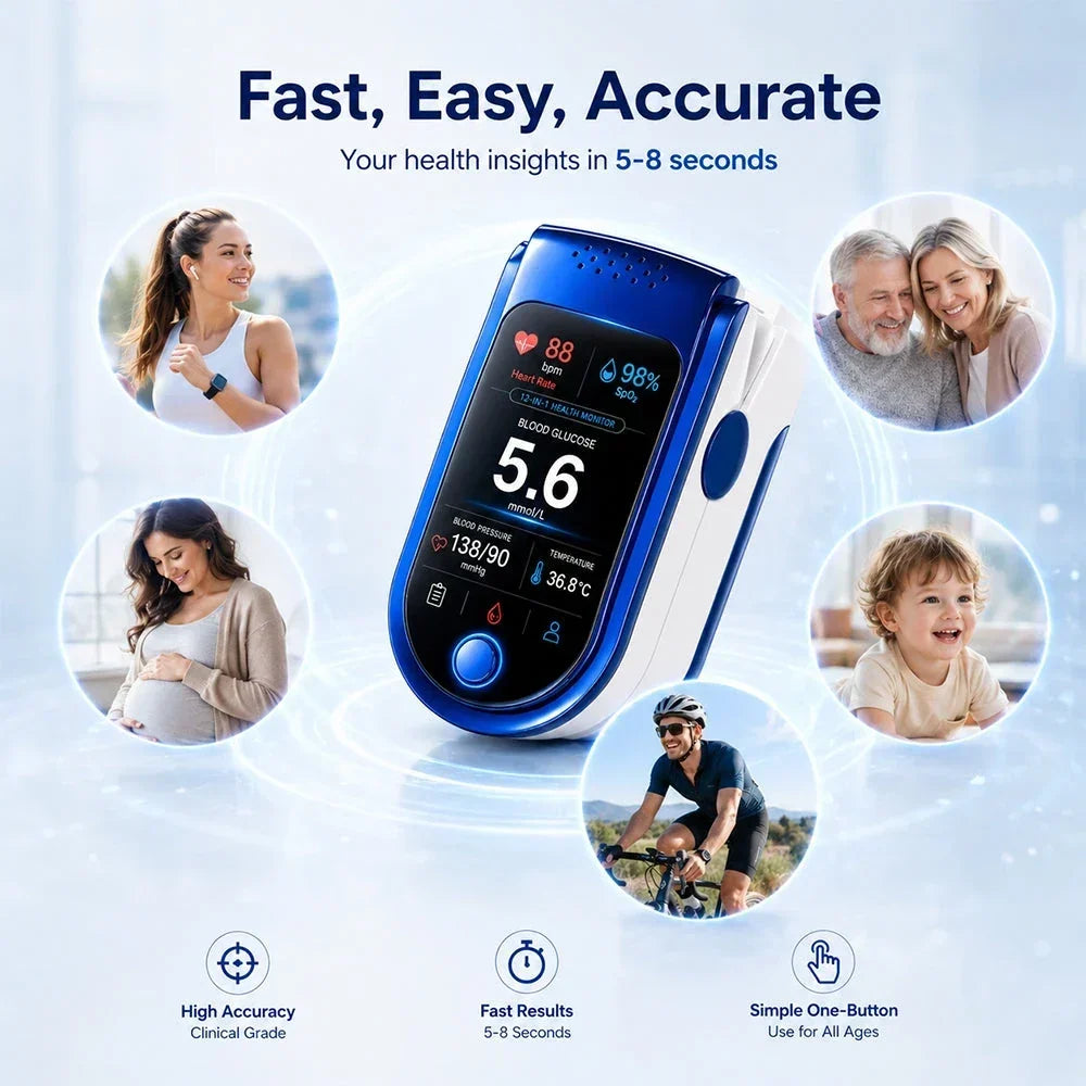 Monitor in the center surrounded by circular photos of a runner, an older couple, a pregnant woman, a toddler and a cyclist. 9