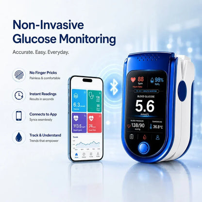 Monitor beside a smartphone showing a health app with glucose, blood lipid and heart rate tiles, linked by a Bluetooth symbol. 10