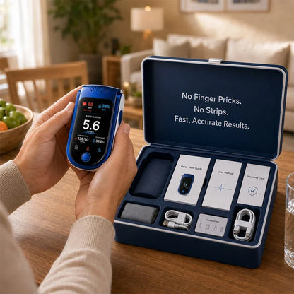 Hands hold the monitor beside an open navy case holding guides, a warranty card, charging cables and a cuff-style accessory. 3