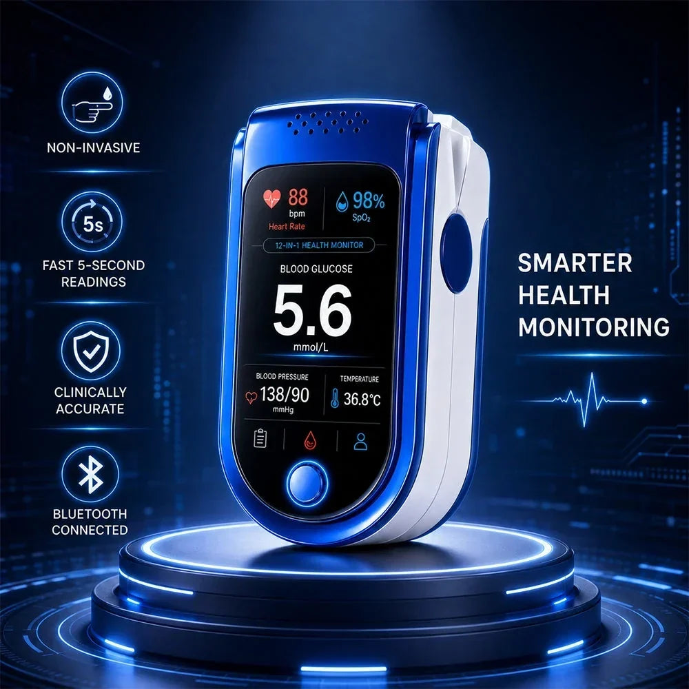 Monitor displayed on a glowing circular platform against a dark blue digital background, with icons for speed, accuracy and Bluetooth. 7