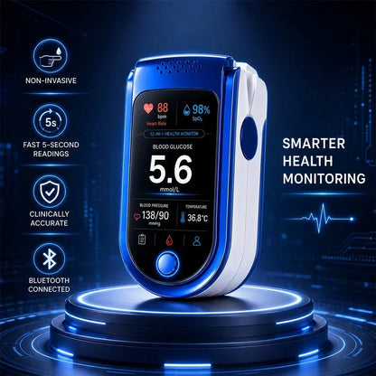 Monitor displayed on a glowing circular platform against a dark blue digital background, with icons for speed, accuracy and Bluetooth. 7