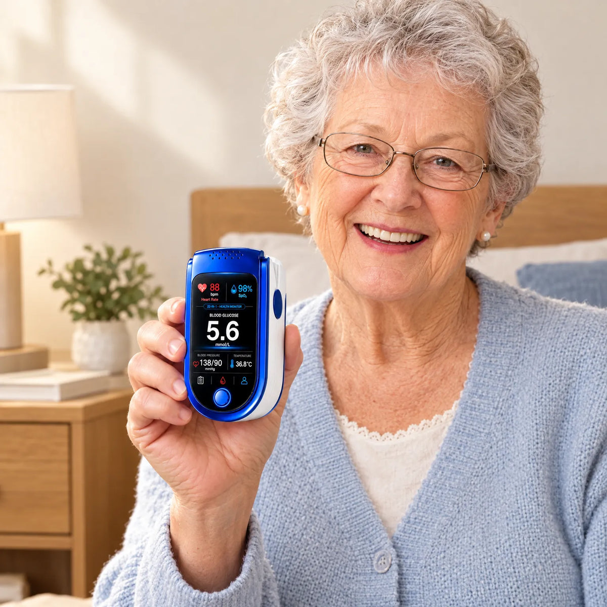 Smiling older woman in a light blue cardigan holds up the blue and white fingertip monitor, its color screen showing readings, in a bedroom. 1