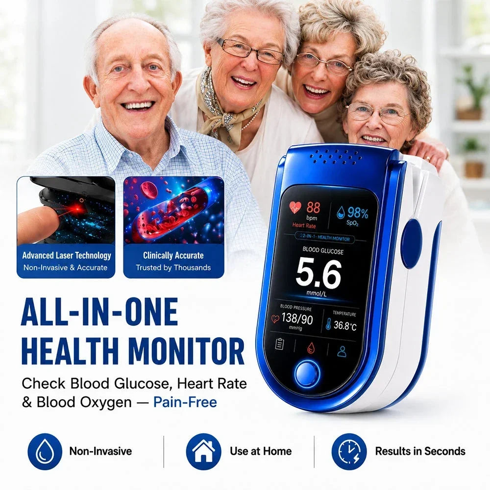 Four smiling seniors behind the blue and white fingertip monitor, with small inset graphics of a laser sensor and blood cells. 2