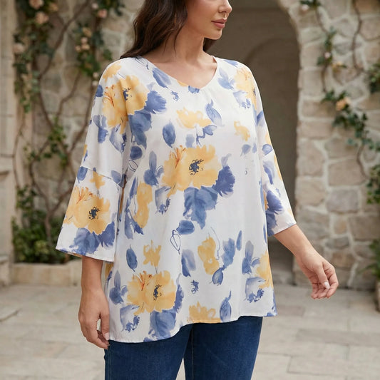 Floral Print V-Neck Blouse Plus Size - Hilda