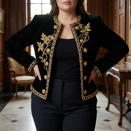 Plus Size Embroidered Velvet Button-Up Coat - Charlotte