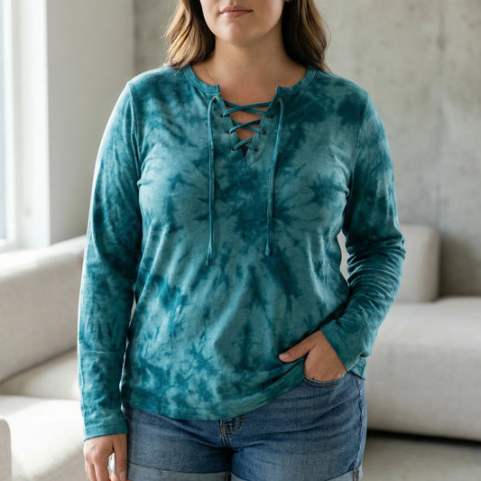 Plus Size Tie-Dye Lace-Up Top - Doreen