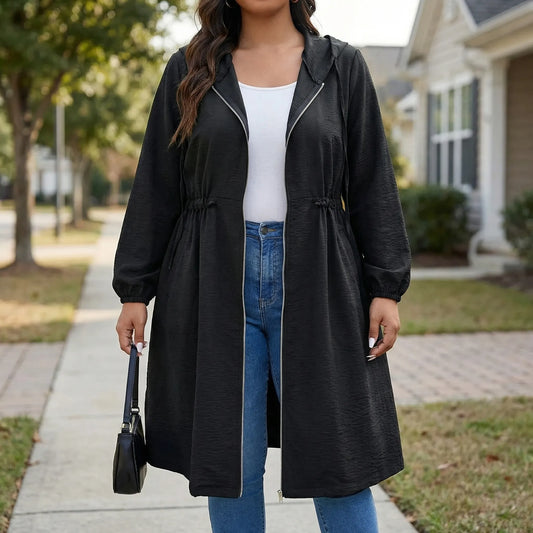 Plus Size Zip-Up Hooded Long Coat - Audrey