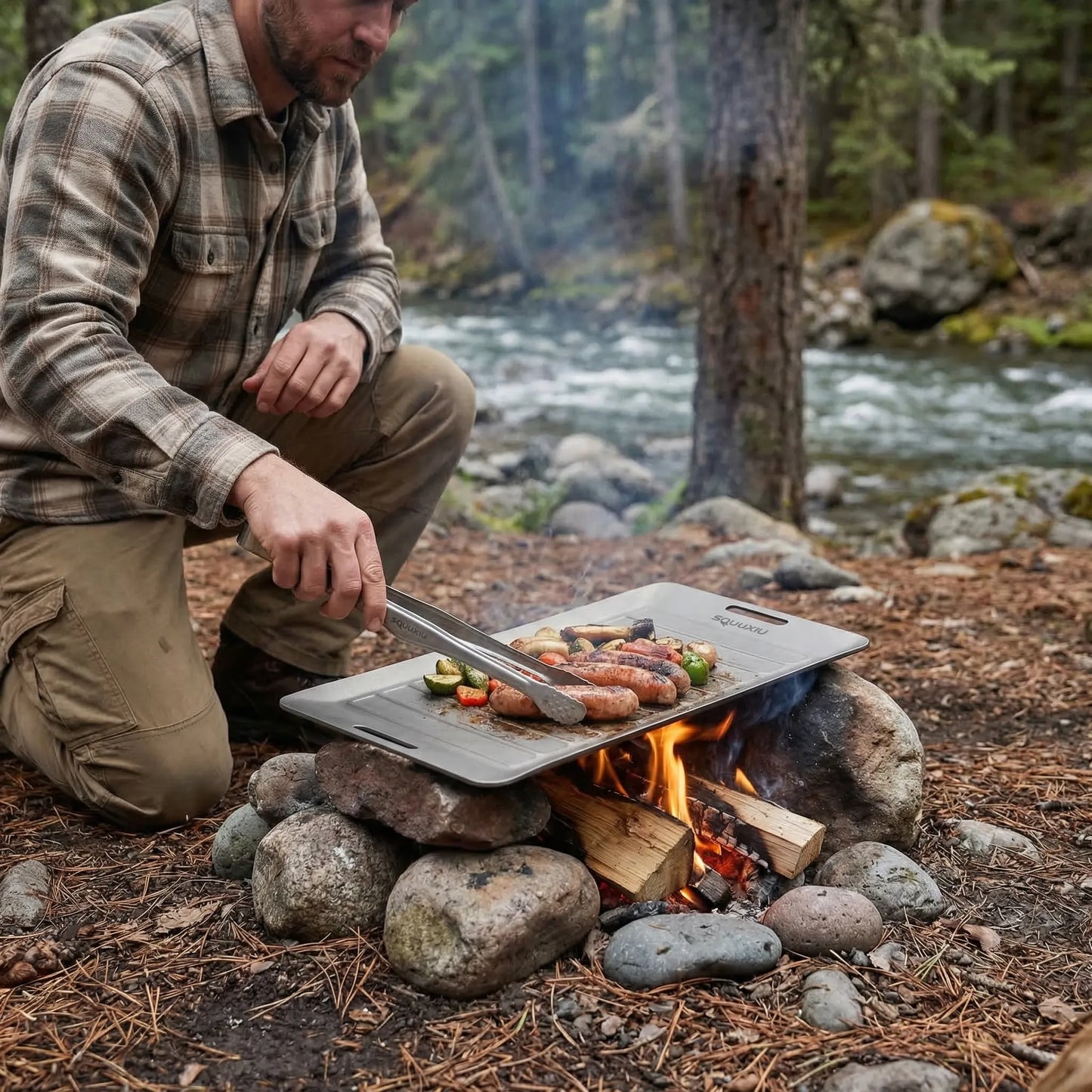 Ridged Titanium Camping Grill Plate With Tongs -  Flamekit