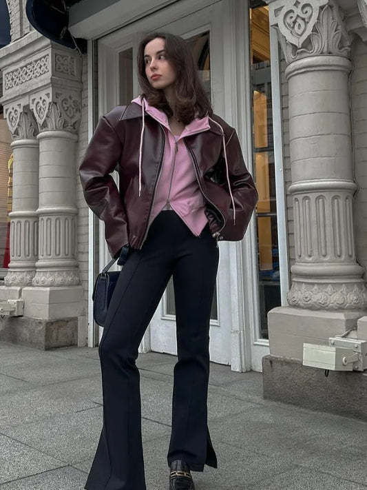 Brown Leather Ladies Jacket with Notched Collar – Giulia