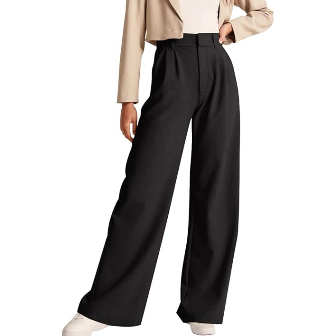 Schwarze Damenhose, weit geschnitten, elegant, aus Baumwolle, ideal für Büro oder Freizeit.