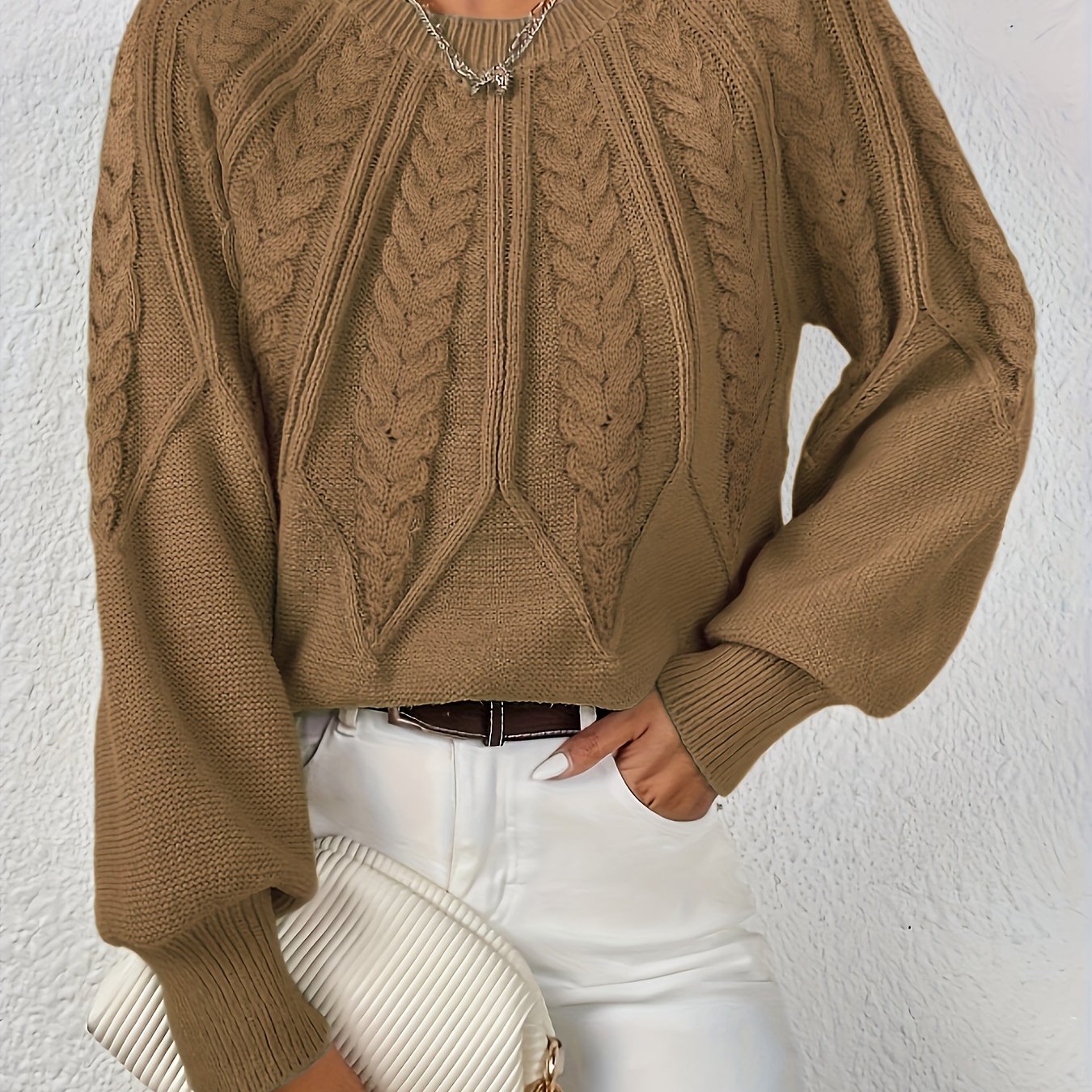 Ladies Cable Knit Sweater with Lantern Sleeves – Sanna