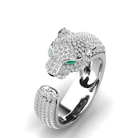 Adjustable Ring in 18K Silver and Rose Gold with Green Zirconia Eyes - Jaguar Ring™-Silver-Nora Luxe