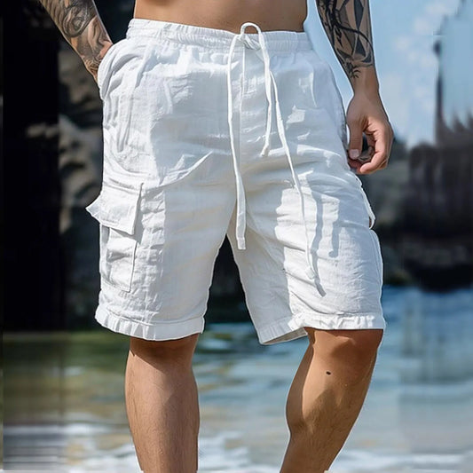 Airy men's linen shorts with wide legs and drawstring – Silas-White-S-Nora Luxe