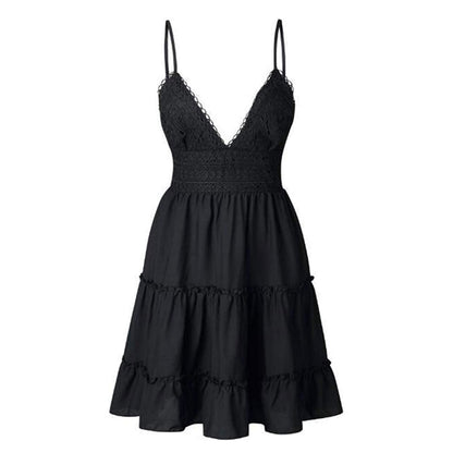 Airy & stylish mini dress with V-neck – Melina-Black-S-Nora Luxe